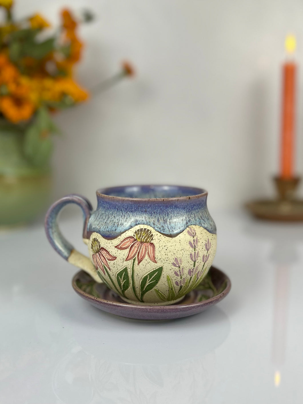 #52 Echinacea & Lavender Speckled cappuccino Mug